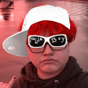 a selfie of me (miles) with a blank face and obvious filter of white hat and white sunglasses and it says "soulja boy" in handwriting on the black part