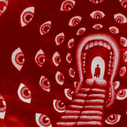 weirdcore drawing of a bunch of eyes in a rows in a circular kind of pattern with a mouth open really wide and a long toung sticking out (acting as a staircase) and a random man in a hat silhouette and everything is dark red and white shades