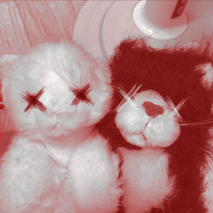 two teddy bears, the one on the left is white with digitally drawn dark red skirbble-ish "X"s for eyes and on the right is a dark red one with digitally drawn white "X"s for eyes
